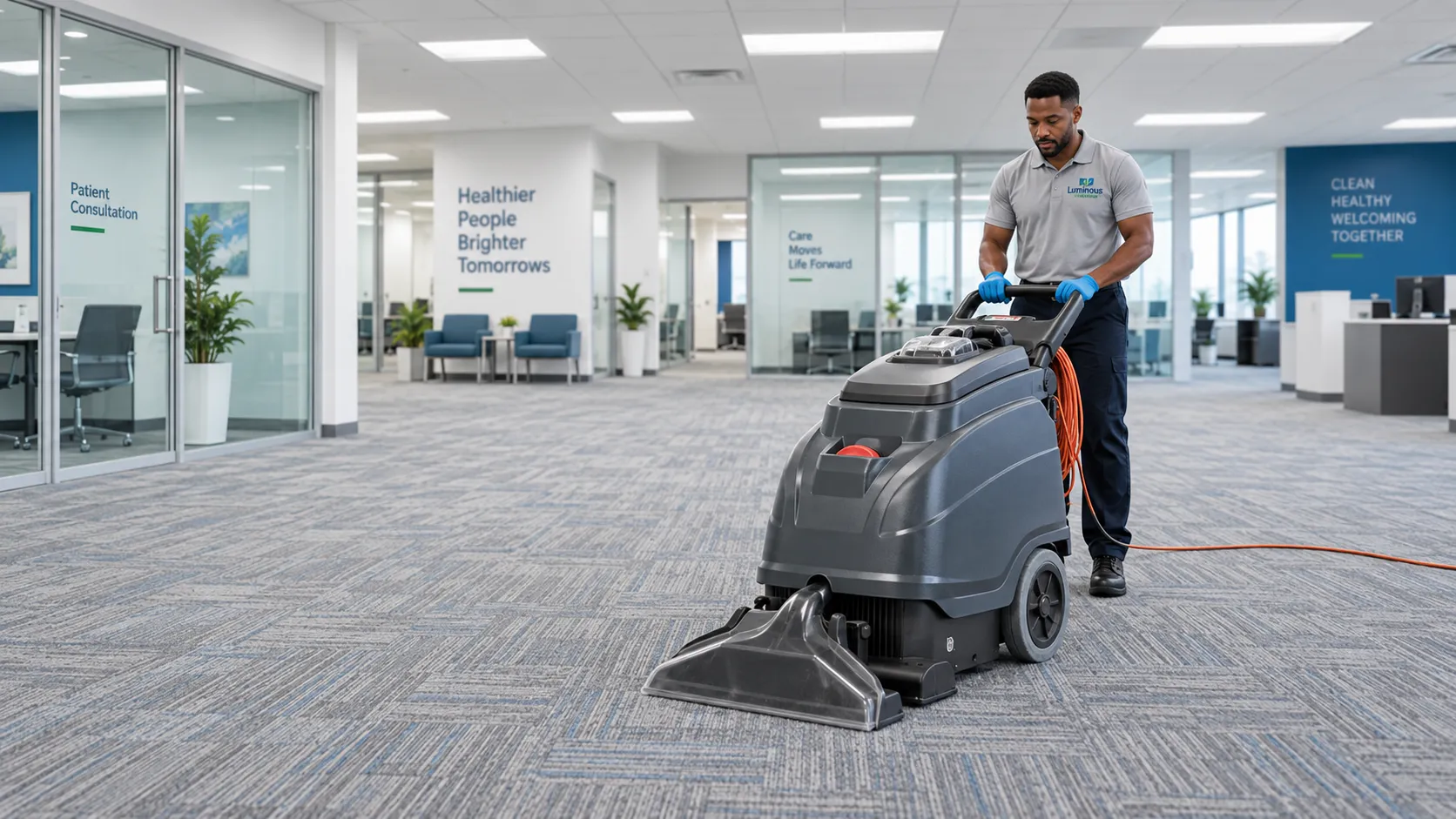 A professional using carpet extraction equipment to deep clean a commercial space.